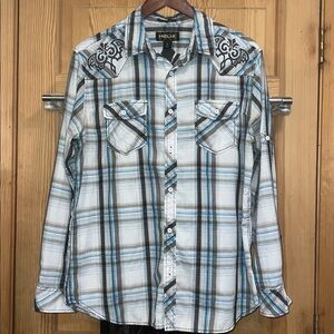 Helix Men's Affliction Gray and Blue Plaid Button Up Shirt Sz L